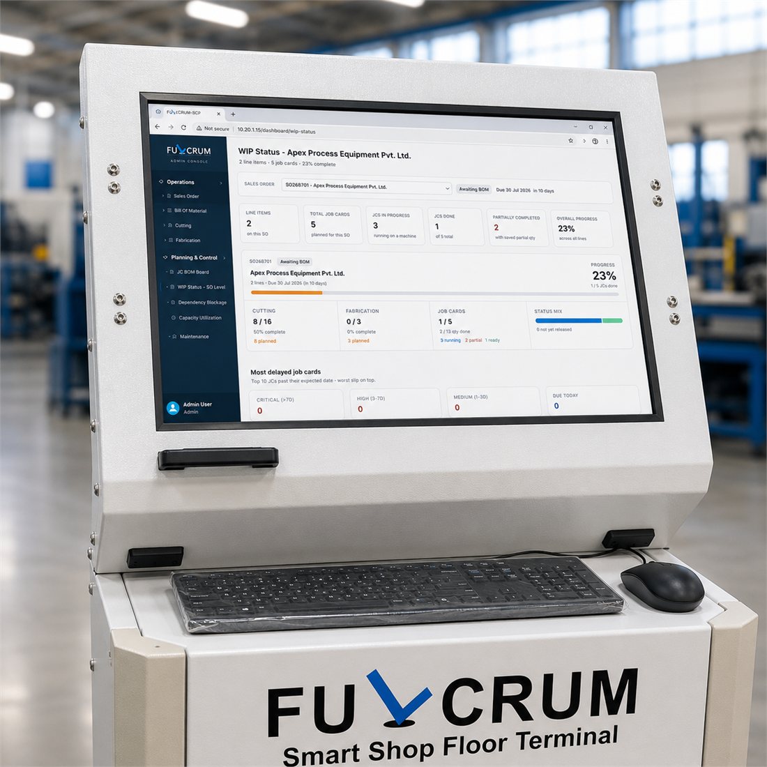 Close-up of the terminal screen showing a live FULCRUM-SCP WIP Status dashboard for a sales order