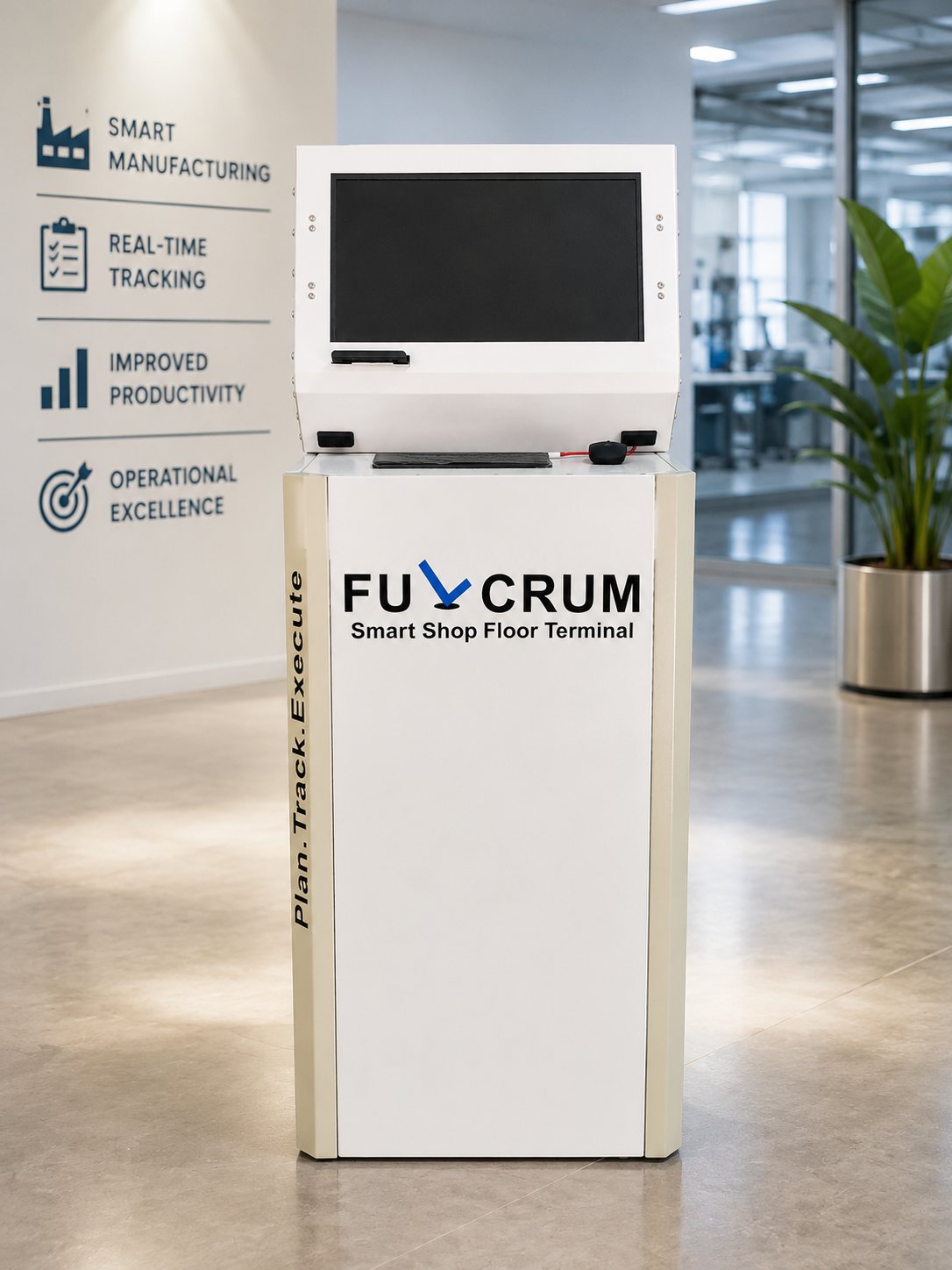 The FULCRUM Smart Shop Floor Terminal in an office reception setting alongside the themes smart manufacturing, real-time tracking, improved productivity and operational excellence